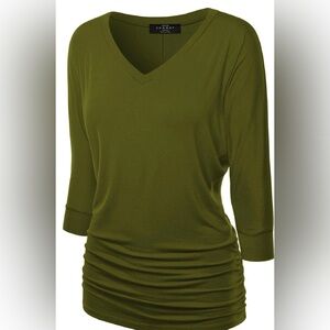 Made by Johnny  Olive Green Ruched Side V-Neck Top Size XL